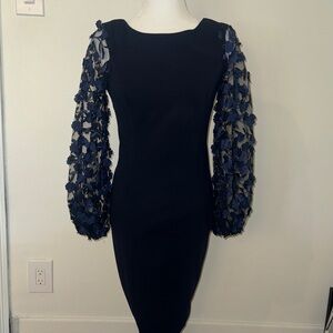 Elegant navy blue Dress with Blue Floral Sleeves
